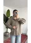 Kadın Vizon Oversize Modal Tensel Kumaş Gömlek Uzun Kollu Salaş Kesim Düğmeli Günlük Şık Gömlek