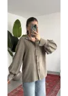 Kadın Vizon Oversize Modal Tensel Kumaş Gömlek Uzun Kollu Salaş Kesim Düğmeli Günlük Şık Gömlek