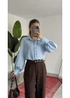 Kadın Açık Mavi Oversize Modal Tensel Kumaş Gömlek Uzun Kollu Salaş Kesim Düğmeli Günlük Şık Gömlek