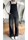 Kadın Siyah Yıkamalı Jean Tulum Askılı Denim Salopet Pantolon Günlük Rahat Şık Tulum