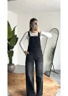 Kadın Siyah Yıkamalı Jean Tulum Askılı Denim Salopet Pantolon Günlük Rahat Şık Tulum
