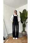 Kadın Siyah Yıkamalı Jean Tulum Askılı Denim Salopet Pantolon Günlük Rahat Şık Tulum