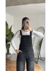 Kadın Siyah Yıkamalı Jean Tulum Askılı Denim Salopet Pantolon Günlük Rahat Şık Tulum