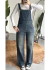Kadın Yeşil Yıkamalı Jean Tulum Askılı Denim Salopet Pantolon Günlük Rahat Şık Tulum