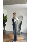 Kadın Yeşil Yıkamalı Jean Tulum Askılı Denim Salopet Pantolon Günlük Rahat Şık Tulum