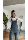 Kadın Yeşil Yıkamalı Jean Tulum Askılı Denim Salopet Pantolon Günlük Rahat Şık Tulum