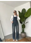 Kadın Yeşil Yıkamalı Jean Tulum Askılı Denim Salopet Pantolon Günlük Rahat Şık Tulum