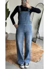 Kadın Mavi Yıkamalı Jean Tulum Askılı Denim Salopet Pantolon Günlük Rahat Şık Tulum