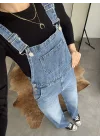 Kadın Mavi Yıkamalı Jean Tulum Askılı Denim Salopet Pantolon Günlük Rahat Şık Tulum