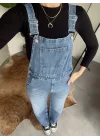 Kadın Mavi Yıkamalı Jean Tulum Askılı Denim Salopet Pantolon Günlük Rahat Şık Tulum