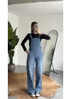 Kadın Mavi Yıkamalı Jean Tulum Askılı Denim Salopet Pantolon Günlük Rahat Şık Tulum