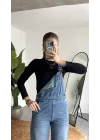 Kadın Mavi Yıkamalı Jean Tulum Askılı Denim Salopet Pantolon Günlük Rahat Şık Tulum