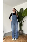 Kadın Mavi Yıkamalı Jean Tulum Askılı Denim Salopet Pantolon Günlük Rahat Şık Tulum