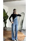 Kadın Mavi Yıkamalı Jean Tulum Askılı Denim Salopet Pantolon Günlük Rahat Şık Tulum
