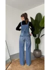 Kadın Mavi Yıkamalı Jean Tulum Askılı Denim Salopet Pantolon Günlük Rahat Şık Tulum