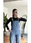 Kadın Mavi Yıkamalı Jean Tulum Askılı Denim Salopet Pantolon Günlük Rahat Şık Tulum