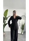 Kadın Siyah Pırıltılı Taşlı Takım Kadın Blazer Ceket Pantolon Takım Şık Ofis Kombin