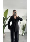 Kadın Siyah Pırıltılı Taşlı Takım Kadın Blazer Ceket Pantolon Takım Şık Ofis Kombin