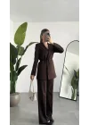 Kadın Kahverengi Pırıltılı Taşlı Takım Kadın Blazer Ceket Pantolon Takım Şık Ofis Kombin