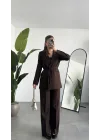 Kadın Kahverengi Pırıltılı Taşlı Takım Kadın Blazer Ceket Pantolon Takım Şık Ofis Kombin