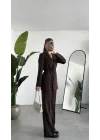 Kadın Kahverengi Pırıltılı Taşlı Takım Kadın Blazer Ceket Pantolon Takım Şık Ofis Kombin