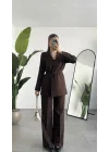 Kadın Kahverengi Pırıltılı Taşlı Takım Kadın Blazer Ceket Pantolon Takım Şık Ofis Kombin