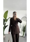 Kadın Kahverengi Pırıltılı Taşlı Takım Kadın Blazer Ceket Pantolon Takım Şık Ofis Kombin