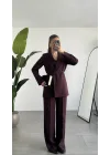 Kadın Bordo Pırıltılı Taşlı Takım Kadın Blazer Ceket Pantolon Takım Şık Ofis Kombin