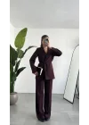 Kadın Bordo Pırıltılı Taşlı Takım Kadın Blazer Ceket Pantolon Takım Şık Ofis Kombin