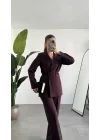 Kadın Bordo Pırıltılı Taşlı Takım Kadın Blazer Ceket Pantolon Takım Şık Ofis Kombin