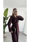 Kadın Bordo Pırıltılı Taşlı Takım Kadın Blazer Ceket Pantolon Takım Şık Ofis Kombin
