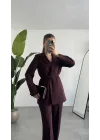 Kadın Bordo Pırıltılı Taşlı Takım Kadın Blazer Ceket Pantolon Takım Şık Ofis Kombin