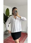 Kadın Beyaz V Yaka Salaş Gömlek Uzun Kollu, Dökümlü Kumaş Ofis Günlük Şık