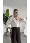 Kadın Beyaz Oversize Gömlek Cepli Uzun Kollu Düğmeli Salaş Kesim Günlük & Ofis Şık