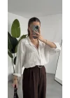 Kadın Beyaz Oversize Gömlek Cepli Uzun Kollu Düğmeli Salaş Kesim Günlük & Ofis Şık