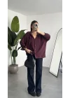 Kadın Bordo Oversize Gömlek Cepli Uzun Kollu Düğmeli Salaş Kesim Günlük & Ofis Şık