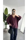 Kadın Bordo Oversize Gömlek Cepli Uzun Kollu Düğmeli Salaş Kesim Günlük & Ofis Şık