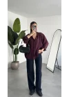Kadın Bordo Oversize Gömlek Cepli Uzun Kollu Düğmeli Salaş Kesim Günlük & Ofis Şık