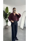 Kadın Bordo Oversize Gömlek Cepli Uzun Kollu Düğmeli Salaş Kesim Günlük & Ofis Şık