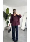 Kadın Bordo Oversize Gömlek Cepli Uzun Kollu Düğmeli Salaş Kesim Günlük & Ofis Şık
