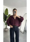 Kadın Bordo Oversize Gömlek Cepli Uzun Kollu Düğmeli Salaş Kesim Günlük & Ofis Şık
