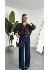 Kadın Kahverengi Oversize Gömlek Cepli Uzun Kollu Düğmeli Salaş Kesim Günlük & Ofis Şık