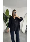 Kadın Siyah Oversize Gömlek Cepli Uzun Kollu Düğmeli Salaş Kesim Günlük & Ofis Şık