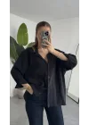 Kadın Siyah Oversize Gömlek Cepli Uzun Kollu Düğmeli Salaş Kesim Günlük & Ofis Şık