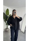 Kadın Siyah Oversize Gömlek Cepli Uzun Kollu Düğmeli Salaş Kesim Günlük & Ofis Şık