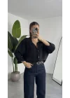 Kadın Siyah Oversize Gömlek Cepli Uzun Kollu Düğmeli Salaş Kesim Günlük & Ofis Şık