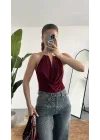 Kadın Bordo Gold Boyun Gold Aksesuarlı Drapeli Sırt Dekolteki Şık Candy BodySuit Bluz