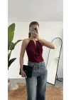 Kadın Bordo Gold Boyun Gold Aksesuarlı Drapeli Sırt Dekolteki Şık Candy BodySuit Bluz