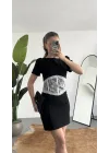 Kadın Siyah Dantel Detaylı Mini Elbise Kısa Kollu, Bel Vurgulu, Şık & Abiye Elbise