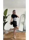 Kadın Siyah Dantel Detaylı Mini Elbise Kısa Kollu, Bel Vurgulu, Şık & Abiye Elbise